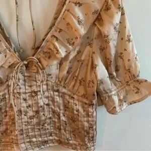 Free People Floral Puff Sleeve Top | Smocked Waist Peasant Boho Blouse S